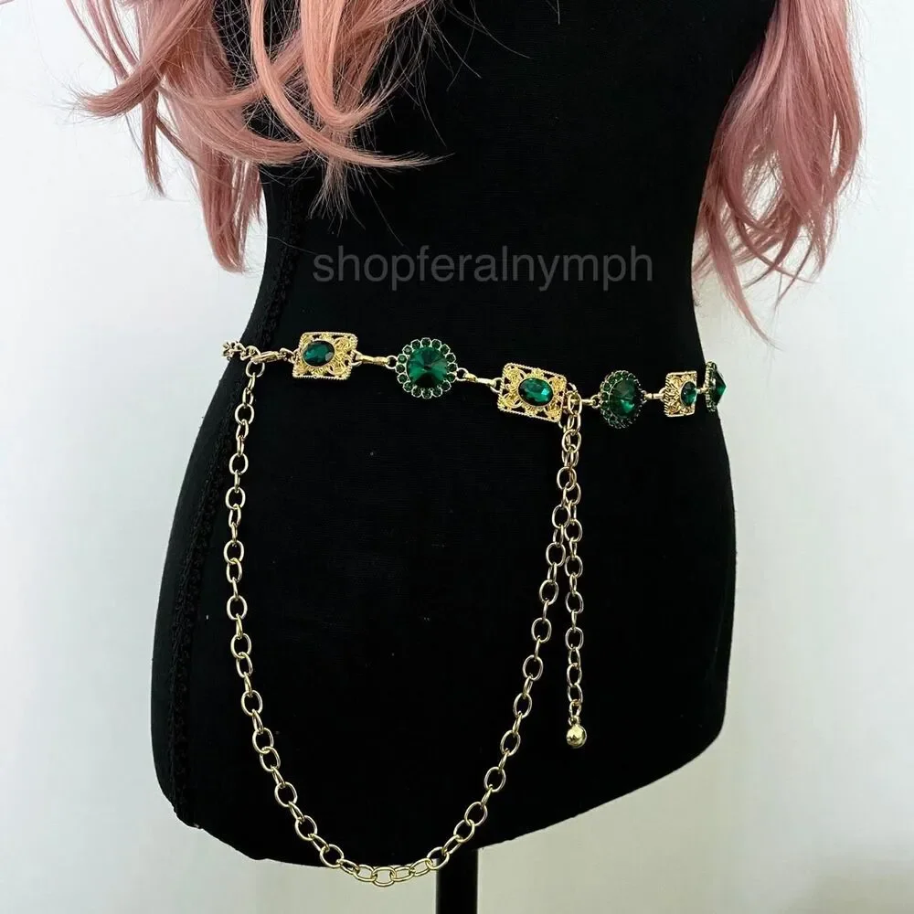 Gold Y2K Emerald Green Jewel Waist Chain Belt, Fits 24.5-51.5 Inches, X7GA1297